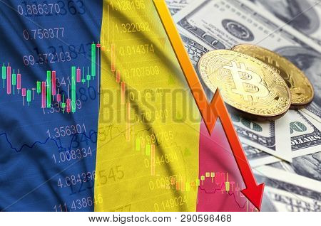 Chad Flag And Cryptocurrency Falling Trend With Two Bitcoins On Dollar Bills