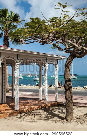 MARIGOT, SINT MAARTEN - JULY 31, 2015: Fish market area from town Marigot  with water side in French part island.