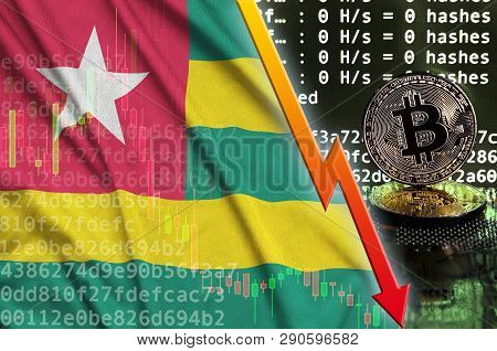 Togo Flag And Falling Red Arrow On Bitcoin Mining Screen And Two Physical Golden Bitcoins