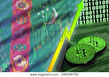 Turkmenistan Flag And Cryptocurrency Growing Trend With Two Bitcoins On Dollar Bills And Binary Code