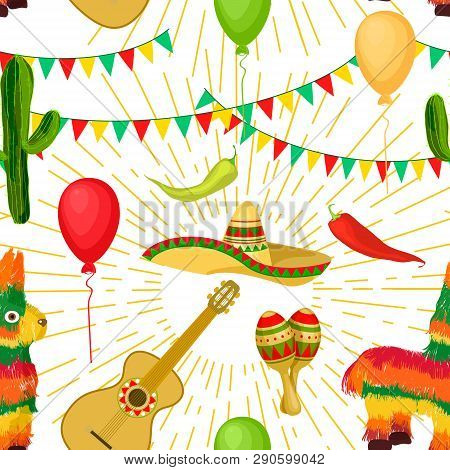 Cinco De Mayo - May 5, Federal Holiday In Mexico. Seamless Pattern Of Mexican Culture Symbols Maraca