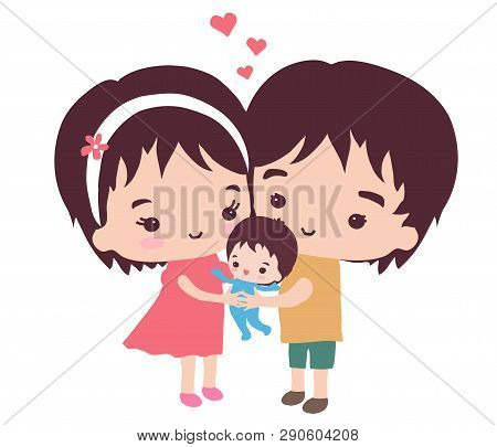 Happy Young Parents And Their Little Son. Vector Illustration.