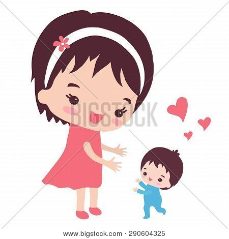 A Young Mother And Her Little Son Make The First Steps. Vector Illustration.