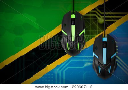 Tanzania Flag  And Two Mice With Backlight. Online Cooperative Games. Cyber Sport Team