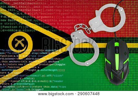 Vanuatu Flag  And Handcuffed Computer Mouse. Combating Computer Crime, Hackers And Piracy