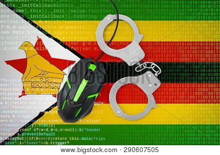 Zimbabwe Flag  And Handcuffed Computer Mouse. Combating Computer Crime, Hackers And Piracy