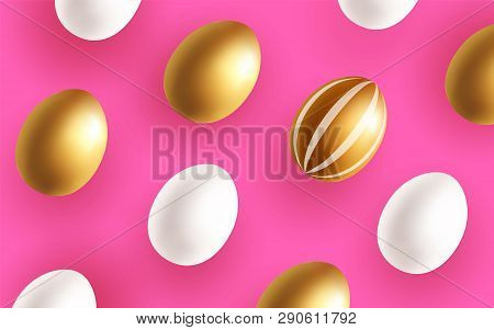Elia Galimovahappy Easter Beautiful Background With Decorative White And Golden Eggs On Magenta Back