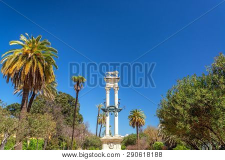 Monument To Christopher Columbus In The Gardens Of Murillo In Seville, Spain