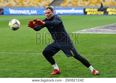 Kyiv, Ukraine - March 18, 2019: Goalkeeper Of Ukraine National Football Team Andriy Pyatov In Action