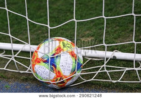 Kyiv, Ukraine - March 18, 2019: Official Uefa Euro-2020 Qualifiers Match Ball Adidas Conext19 In The