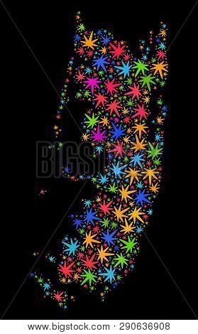 Bright Vector Cannabis Pemba Island Map Collage On A Black Background. Concept With Multi-colored We