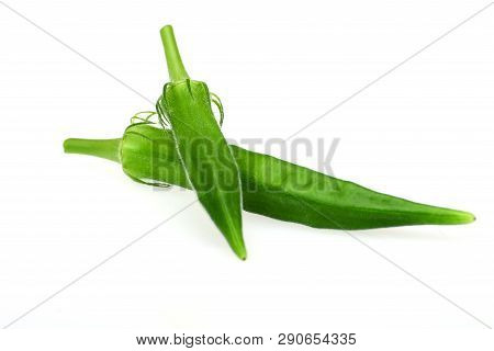 Organic Okra Fruit Isolated On White Background.