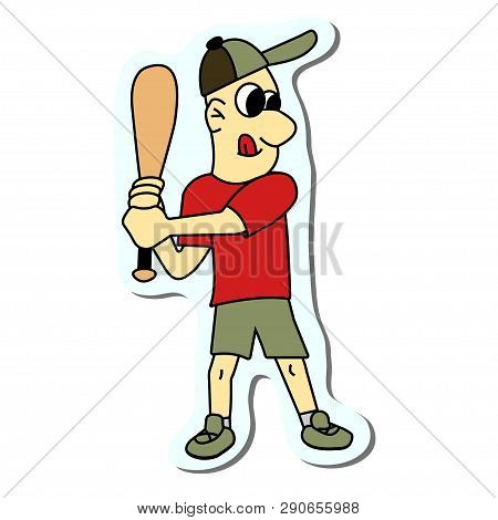 Boy Play Baseball Sticker. Stock Vector Illustration