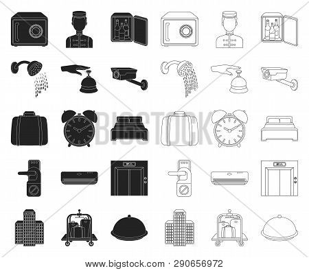 Hotel And Equipment Black, Outline Icons In Set Collection For Design. Hotel And Comfort Vector Symb