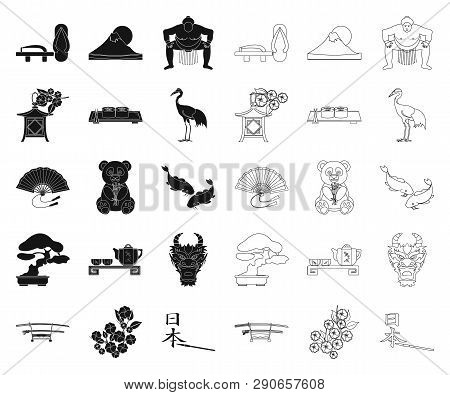 Country Japan Black, Outline Icons In Set Collection For Design.japan And Landmark Vector Symbol Sto