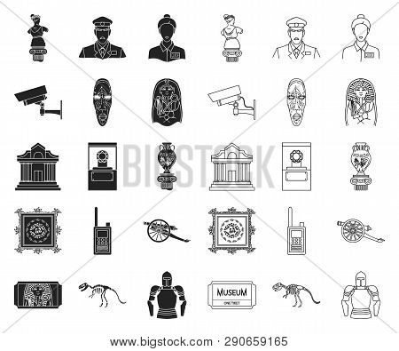 Museum And Gallery Black, Outline Icons In Set Collection For Design. Storage And Exhibition Of Show