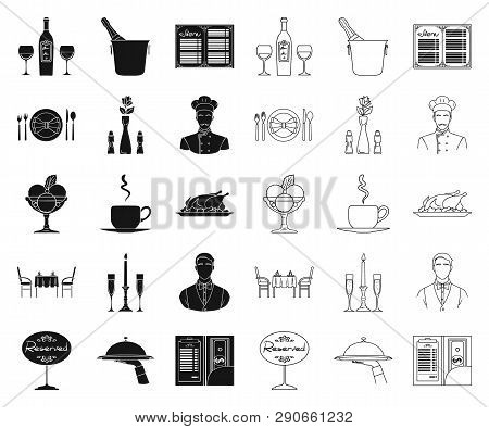 Restaurant And Bar Black, Outline Icons In Set Collection For Design. Pleasure, Food And Alcohol Vec