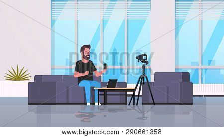 Guy Technology Blogger Recording Video On Camera Man Showing New Smartphone Functional Testing Blog 