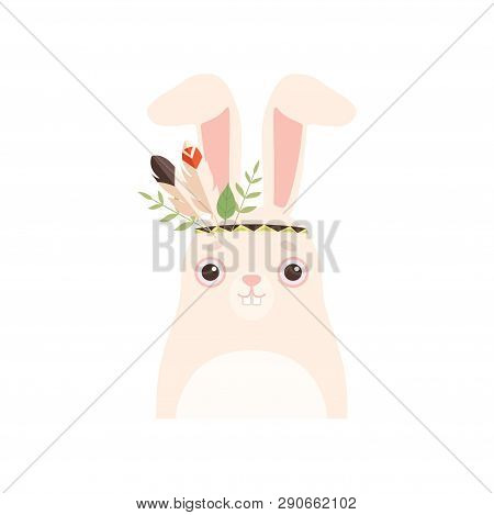 Cute Wnite Hare Animal Wearing Headdress With Feathers And Leaves Vector Illustration