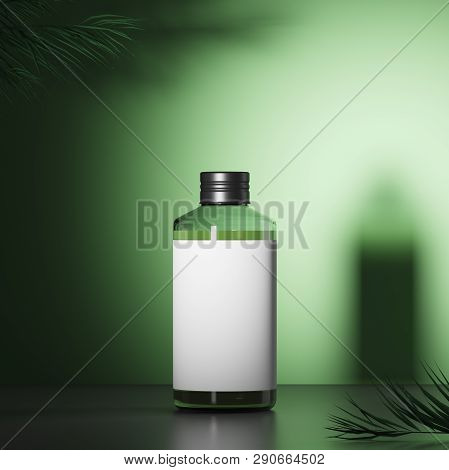 Cosmetic Glass Bottle With Black Cap On Green Background With Exotic Leaves. Mock Up. 3d Rendering