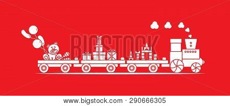 Funny Vector Illustration With Train Carries Toys: Baby Toy Musical Maracas, Designer, Bear, Gifts, 