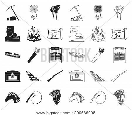 Attributes Of The Wild West Black, Outline Icons In Set Collection For Design.texas And America Vect
