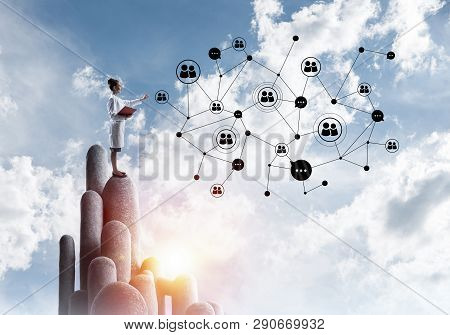 Young Female Doctor With Folder In Hands Satnding On Stone Column. 3d Rendering