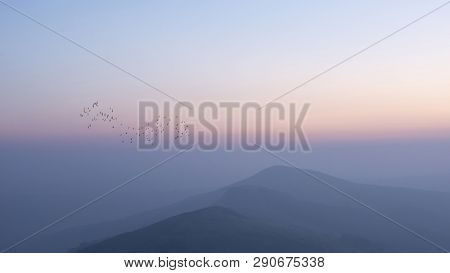 Beautiful Winter Sunrise Landscape Image Of The Great Ridge In The Peak District In England With Bir