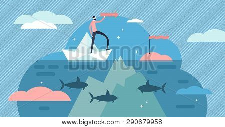 Underwater Rocks Vector Illustration. Flat Tiny Risk Danger Persons Concept. Abstract Depth Ocean Na