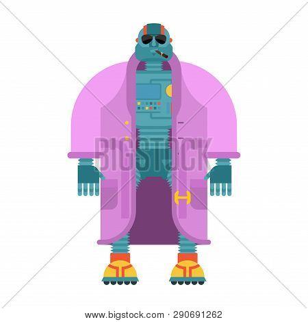 Robot In Coat Isolated. Cyborg Topcoat. Fashion Robot Vector Illustration