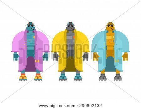 Robot In Coat Set. Cyborg Topcoat. Fashion Robot Vector Illustration