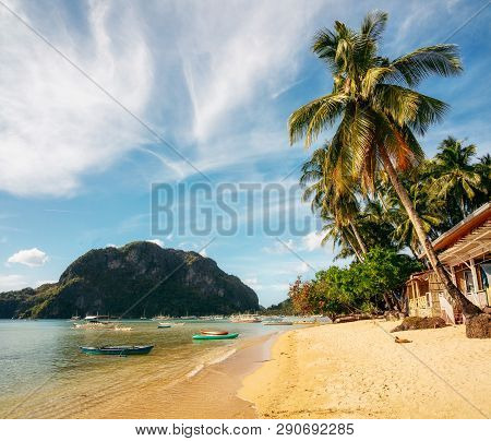 Corong Corong Beach With Traditional Boats In El Nido, Palawan Island, Philippines