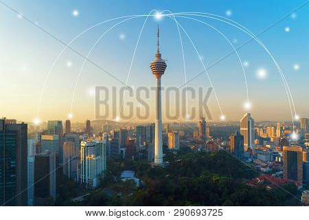 Digital Network Connection Lines Of Kuala Lumpur Downtown, Malaysia. Financial District And Business