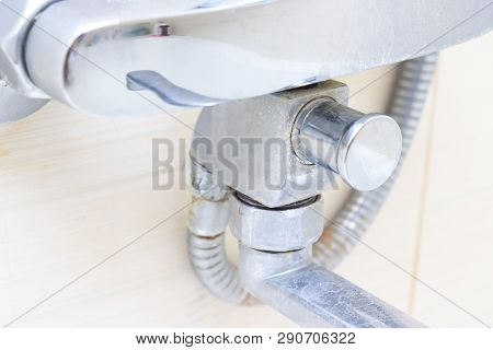 Dirty Calcified Shower Mixer Tap, Faucet With Limescale On It, Close Up.