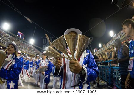 Rio, Brazil - March 02, 2019: Estacio De Sa During The Carnival Samba School Carnival Rj. Percussion