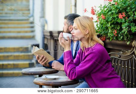 Strangers Meet Become Acquaintances. Meeting People First Date. Couple Terrace Drinking Coffee. Casu