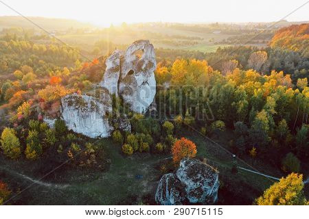 A Panoramic View Of The Unique Okiennik Rock In Poland With A Large Natural Window