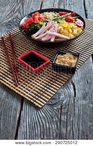 Hiyashi Chuka, Cold Ramen - Chilled Egg Noodles,  Topped With Vegetables, Seaweeds, Pickled Red Ging
