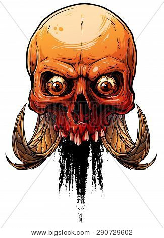 Detailed Graphic Realistic Horrible Colorful Black And White Human Skull With Big Sharp Deamon Horns