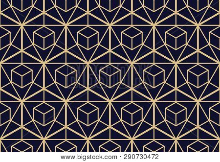The Geometric Pattern With Lines. Seamless Vector Background. Gold And Dark Blue Texture. Graphic Mo