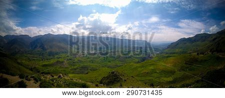 Aerial Panoramic View To Colca Canyon And Madrigal City From The Madrigal Viewpoint At Chivay, Arequ