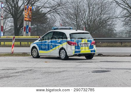 Handewitt, Germany - February 14, 2019: German Police Car Standing On The German-danish Border.