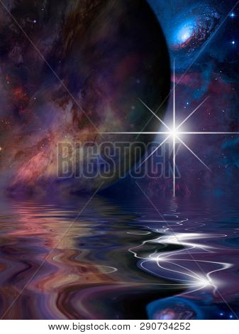 Beautiful space fantasy composition. Exosolar planet rise over quiet waters. 3D rendering