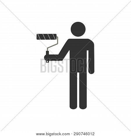 Man With Roller Icon. Vector Illustration, Flat Design.