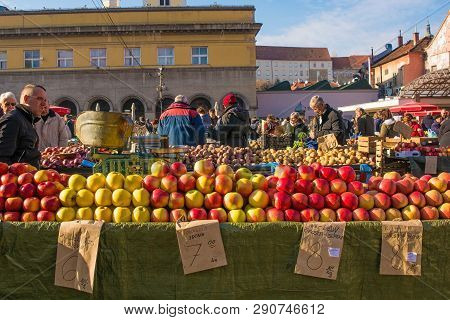 Zagreb, Croatia - December 29th 2018. Customers Shop For Fresh Fruit And Vegetables At The Dolac Mar