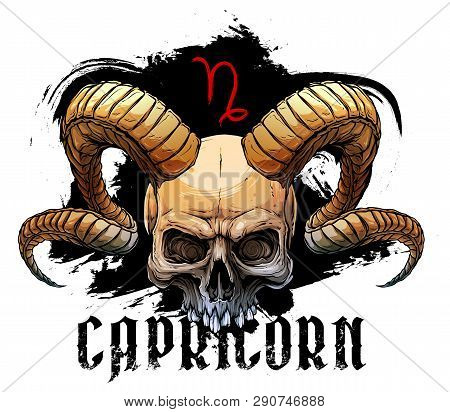 Detailed Graphic Realistic Horrible Colorful Black And White Human Skull With Big Sharp Deamon Horns