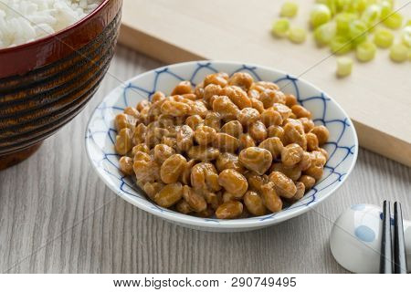 Bowl with traditional Japanese fermented soybeans called natto and rice