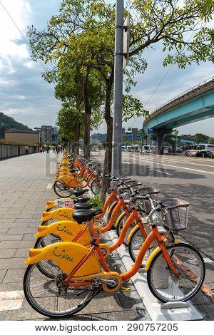 Taipei, Taiwan - Feb 19, 2019 : Ubike ( Youbike ) Station. Ubike Is A Popular Network Of Rental Bicy