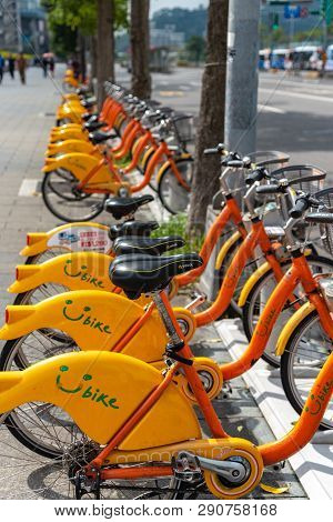 Taipei, Taiwan - Feb 19, 2019 : Ubike ( Youbike ) Station. Ubike Is A Popular Network Of Rental Bicy