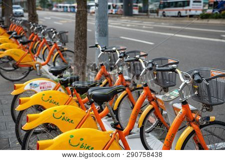 Taipei, Taiwan - Feb 19, 2019 : Ubike ( Youbike ) Station. Ubike Is A Popular Network Of Rental Bicy